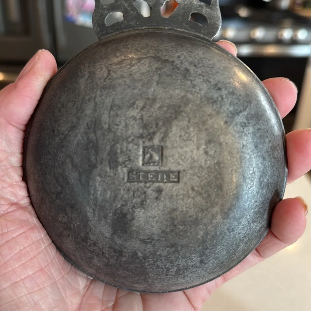Vintage Stede Pewter Porringer Bowl Colonial Candle Plate Steel Horse Marked